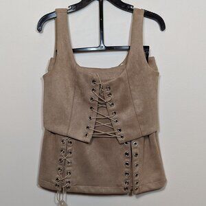 Luxxel Two Piece Crop Top Skirt Set Small Beige